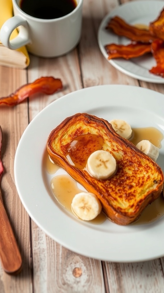 Golden banana bread French toast topped with banana slices and maple syrup on a rustic plate.
